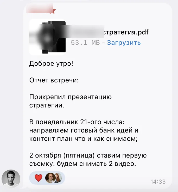 The report after the strategy session in the working chat, personal data hidden